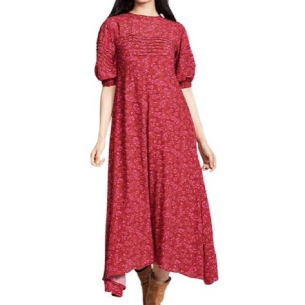 Free People Magenta Floral Pintuck Midi Dress Pink Boho US 10 OB1023480